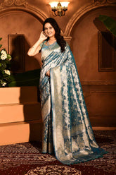 Pastel Sky Blue Banarasi Tissue Handloom Saree